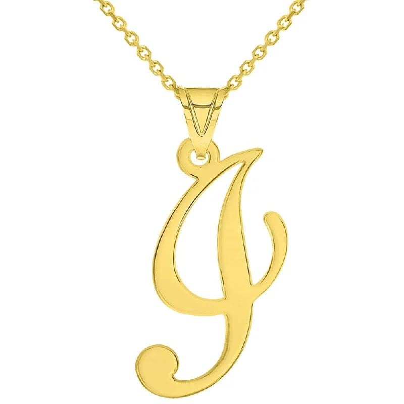 14k Yellow Gold Uppercase Script Initial I Cursive Letter Pendant Necklace