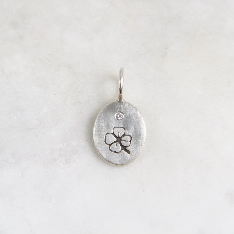 Four Leaf Clover & Diamond Mini Silver Oval Charm