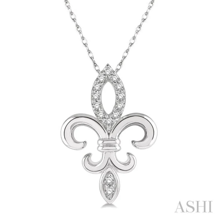 1/10 ctw Fleur De Lis Round Cut Diamond Pendant With Chain in 10K White Gold