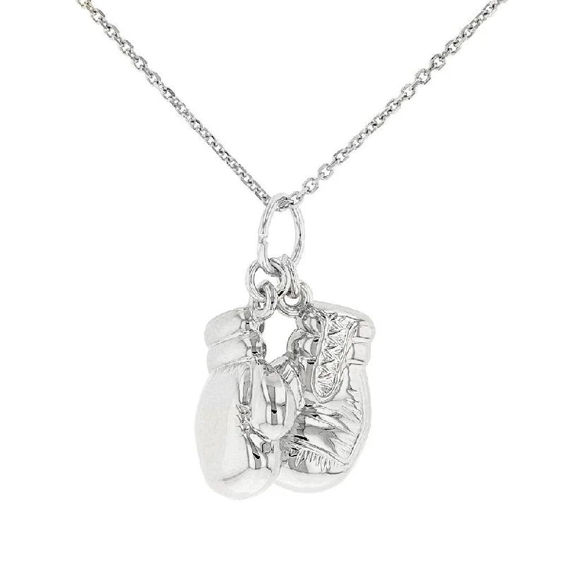 High Polish 14k White Gold 3D Boxing Gloves Charm Sports Pendant Necklace