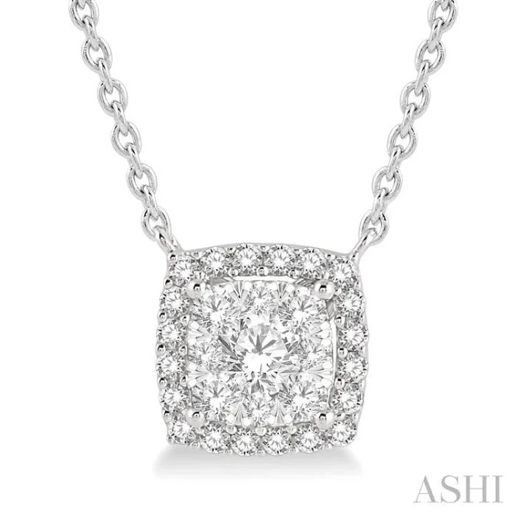 1/2 Ctw Cushion Shape Pendant Lovebright Diamond Necklace in 14K White Gold