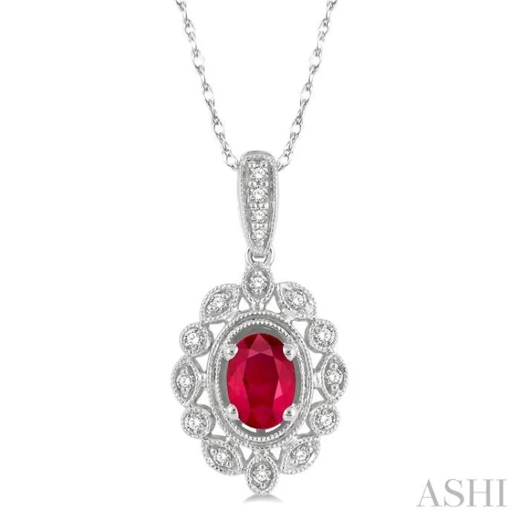 1/8 ctw Cutwork Round Cut Diamond & 6x4MM Oval Cut Ruby Precious Pendant With Chain in 10K White Gold