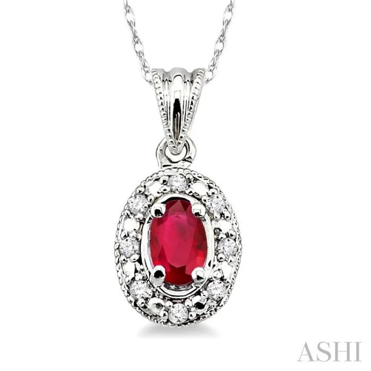 5x3mm Oval Shape Ruby and 1/20 Ctw Single Cut Diamond Pendant in 10K White Gold with Chain.