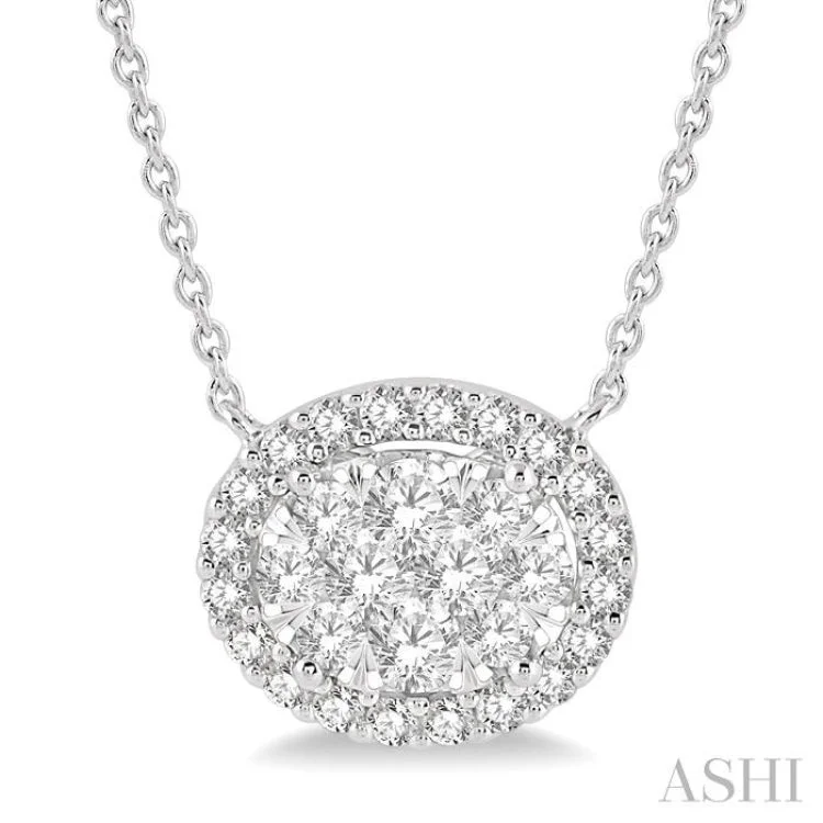 3/4 ctw Oval Shape Round Cut Diamond Lovebright Necklace in 14K White Gold