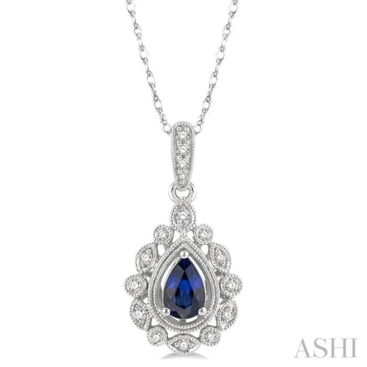 1/8 ctw Cutwork Round Cut Diamond & 6x4MM Pear Cut Sapphire Precious Pendant With Chain in 10K White Gold