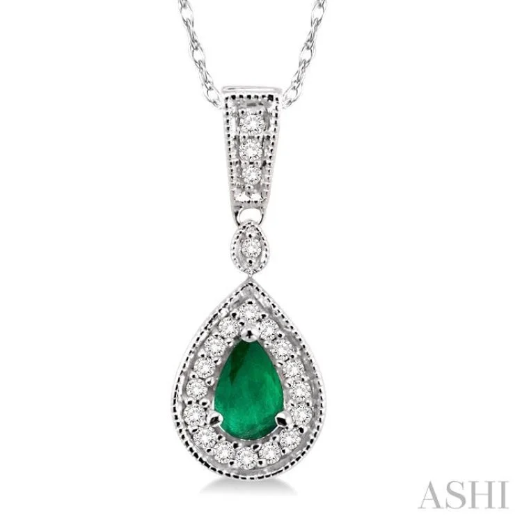 6x4mm Pear Shape Emerald and 1/6 Ctw Round Cut Diamond Pendant in 14K White Gold with Chain