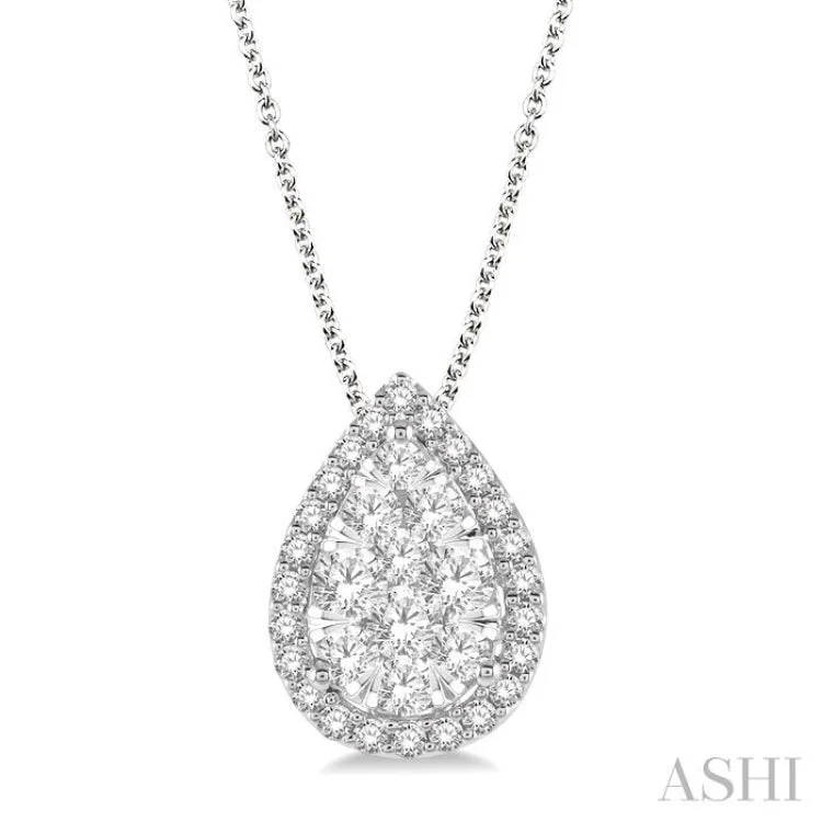 3/4 ctw Pear Shape Lovebright Round Cut Diamond Pendant With Chain in 14K White Gold