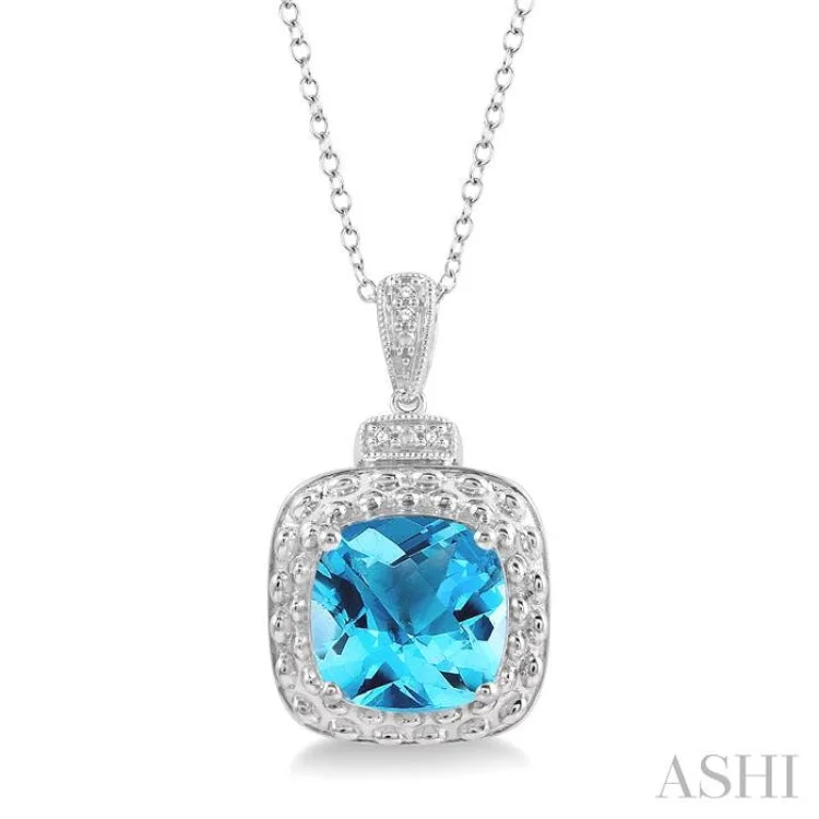 1/50 ctw Round Cut Diamond & 10x10MM Cushion Cut Blue Topaz Semi-Precious Pendant With Chain in Silver