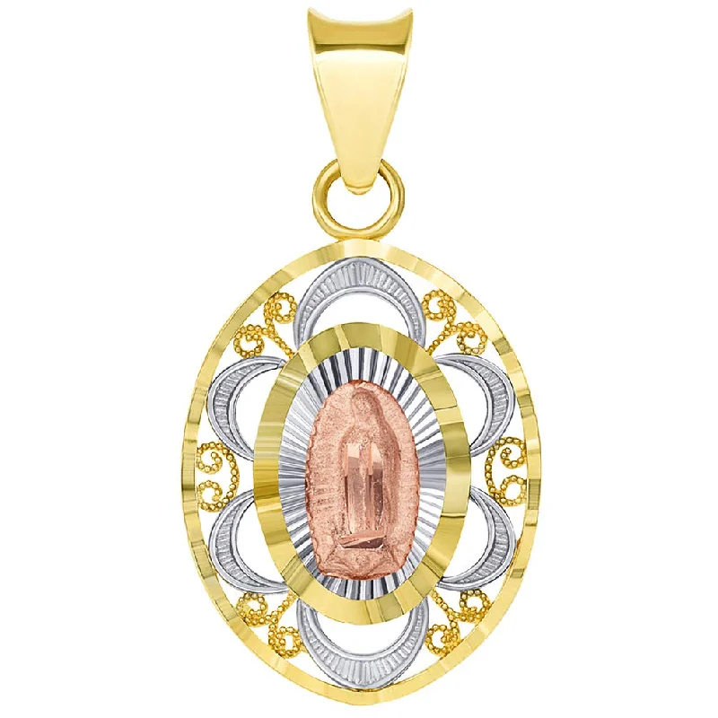 Solid 14k Tri-Color Gold Filigree Our Lady of Guadalupe Oval Medallion Charm Pendant