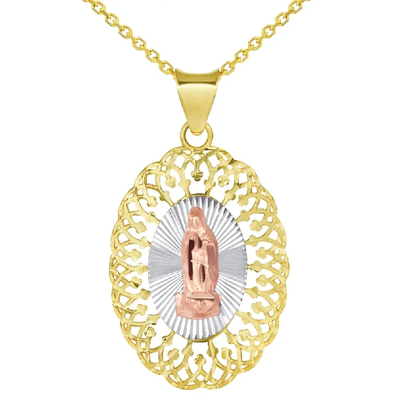 Solid 14k Tri-Color Gold Oval Our Lady of Guadalupe Medallion Pendant Necklace