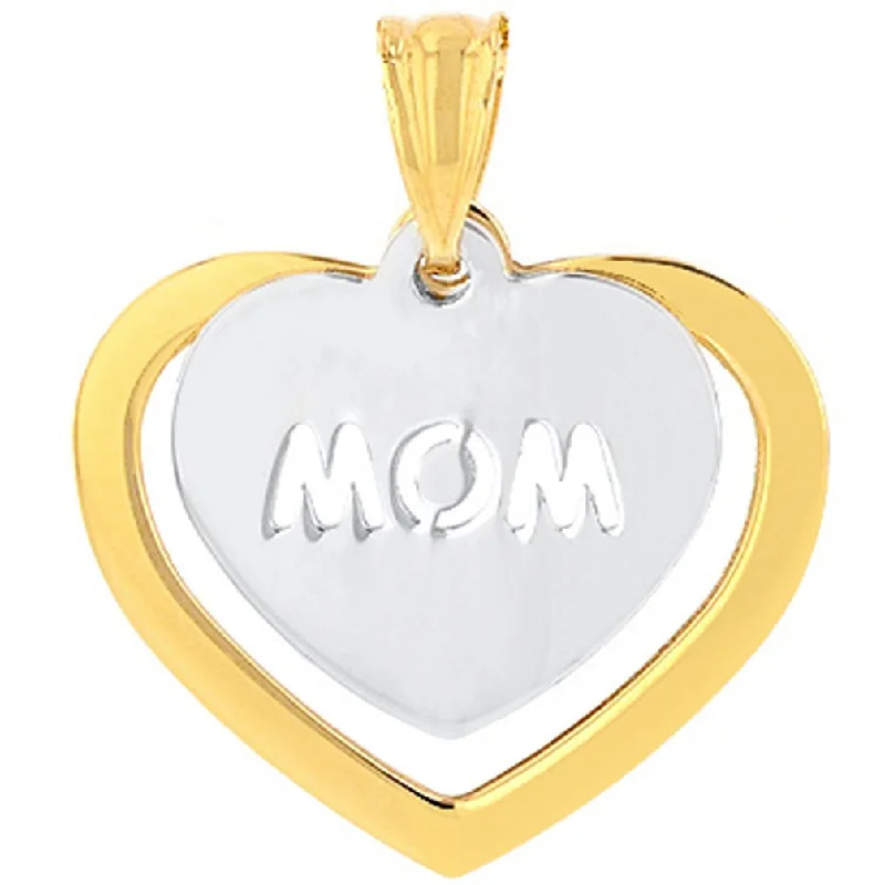 Solid 14K Two-Tone Gold Double Heart with Mom Pendant