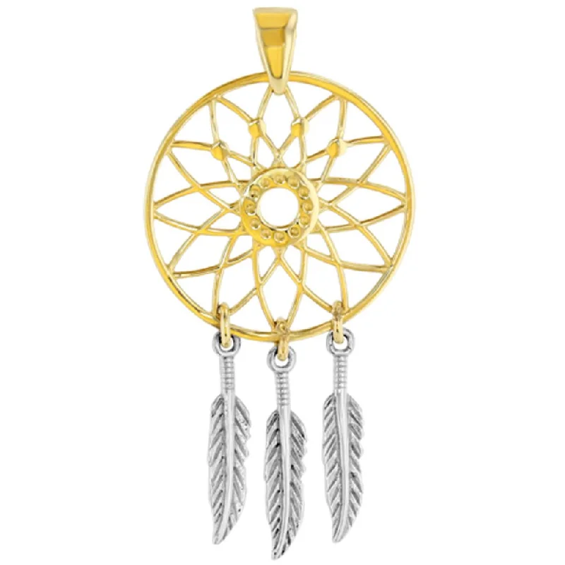 Solid 14k Two-Tone Gold Native American Dreamcatcher Pendant