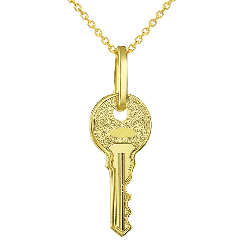 Solid 14K Yellow Gold Dainty Mini Key Charm Open Your Heart Pendant Necklace