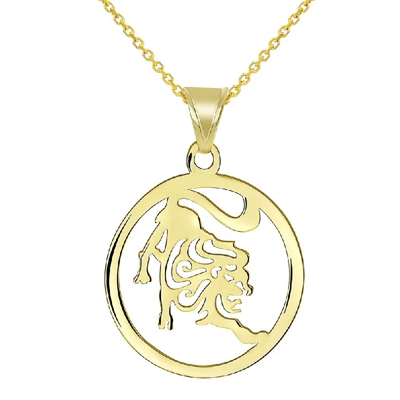 Solid 14k Yellow Gold Dainty Round Leo Zodiac Symbol Cut-Out Lion Pendant Necklace