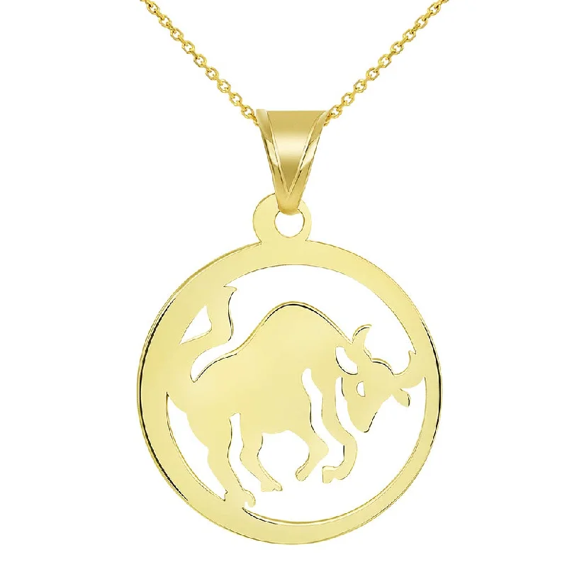 Solid 14k Yellow Gold Dainty Round Taurus Zodiac Sign Bull Disc Pendant Necklace