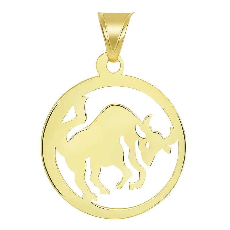 Solid 14k Yellow Gold Dainty Round Taurus Zodiac Sign Bull Disc Pendant