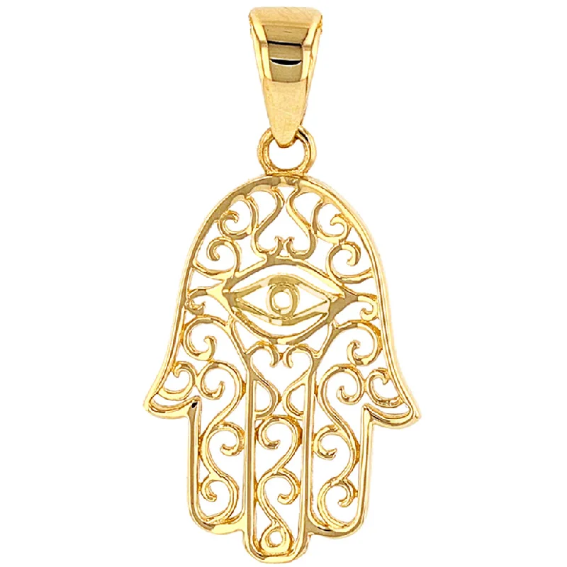 Solid 14K Yellow Gold Filigree Hamsa Hand of Fatima with Evil Eye Charm Pendant