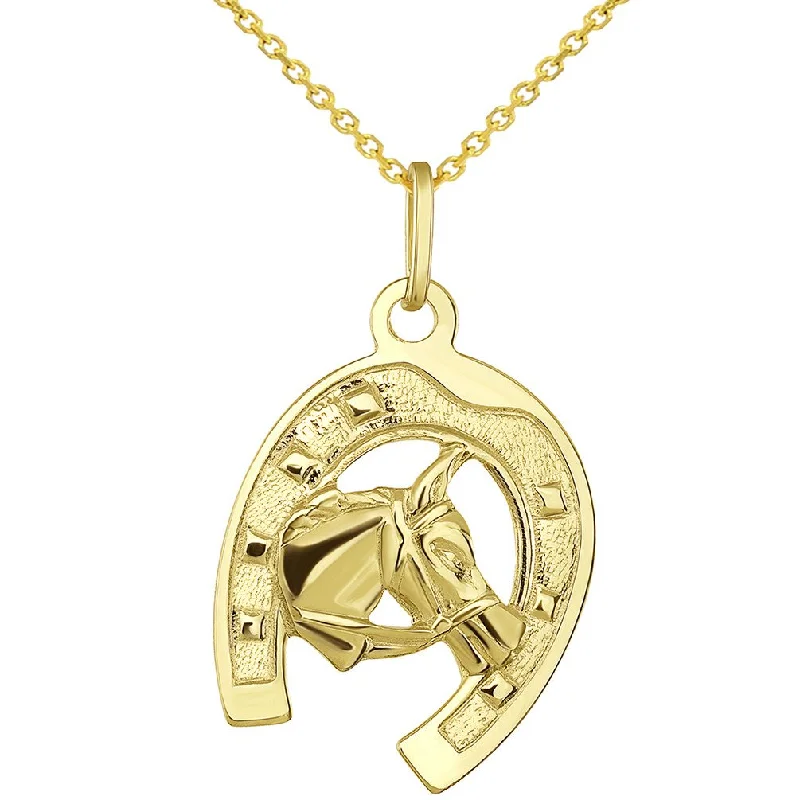 Solid 14K Yellow Gold Good Luck Horseshoe with Horse Head Pendant Necklace