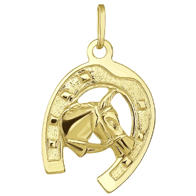 Solid 14K Yellow Gold Good Luck Horseshoe with Horse Head Pendant