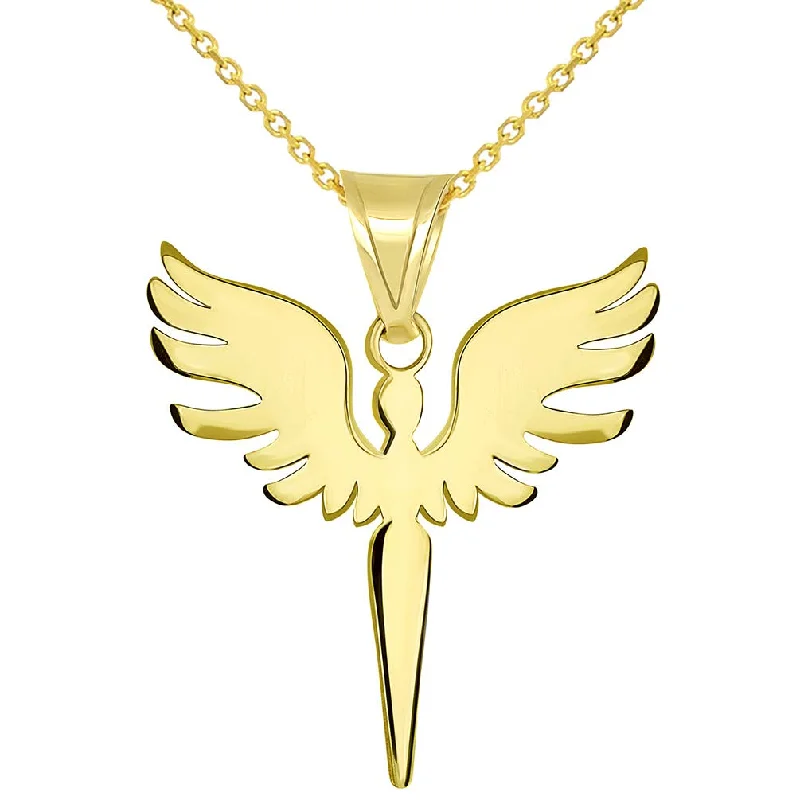 Solid 14k Yellow Gold Guardian Angel Archangel Silhouette Pendant Necklace