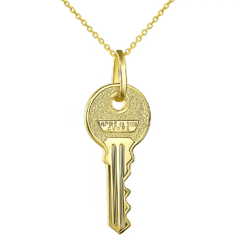 Solid 14K Yellow Gold Key with Apre il Tuo Cuore Charm Open Your Heart Pendant Necklace