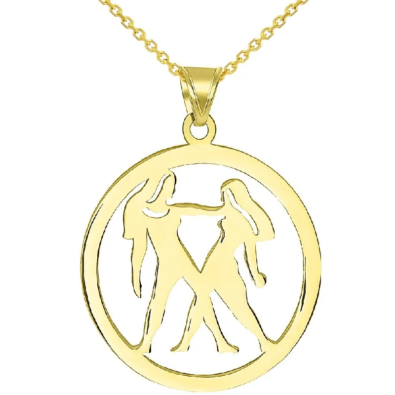 Solid 14k Yellow Gold Round Gemini Twins Zodiac Sign Cut-Out Disc Pendant Necklace