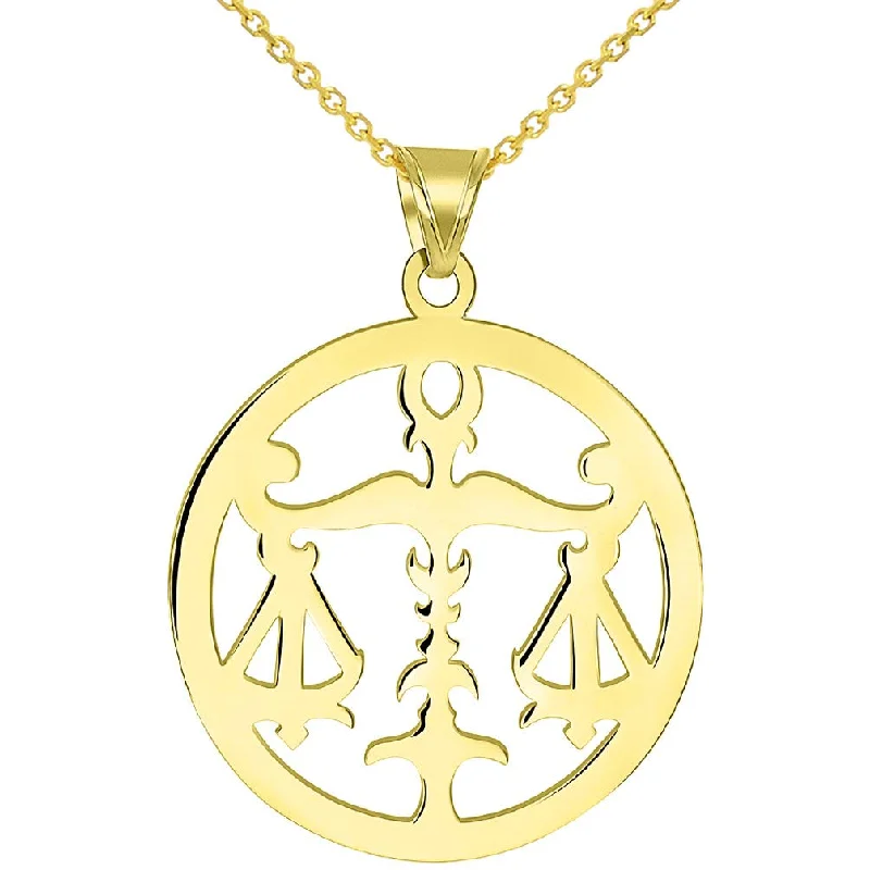 Solid 14k Yellow Gold Round Libra Zodiac Sign Scale Disc Pendant Necklace