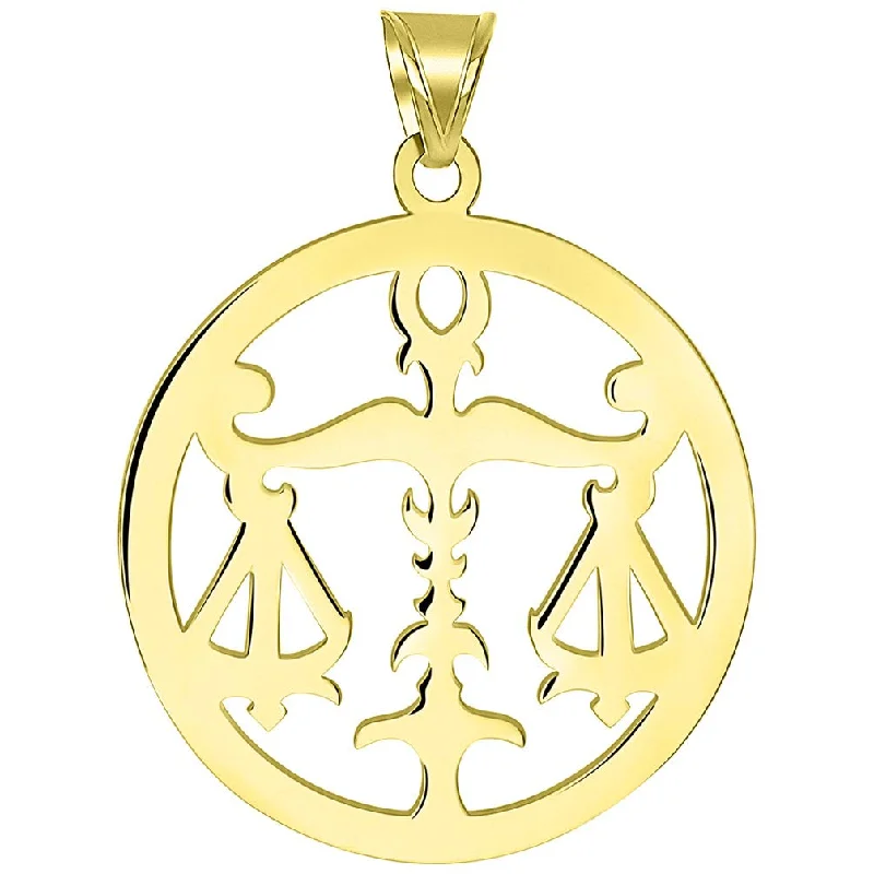 Solid 14k Yellow Gold Round Libra Zodiac Sign Scale Disc Pendant