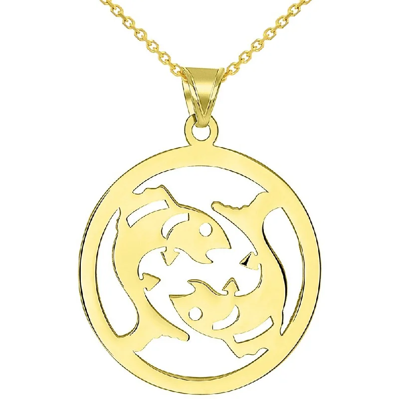 Solid 14k Yellow Gold Round Pisces Zodiac Symbol Cut-Out Fish Pendant Necklace