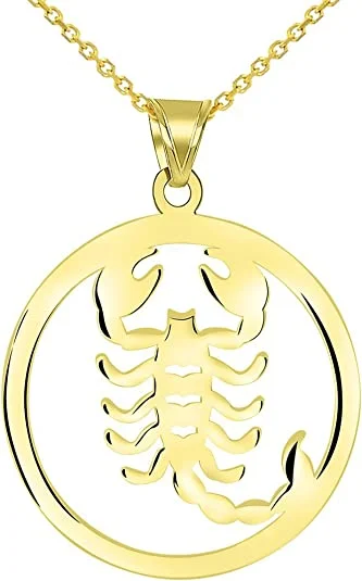 Solid 14k Yellow Gold Round Scorpio Zodiac Symbol Cut-Out Scorpion Pendant Necklace