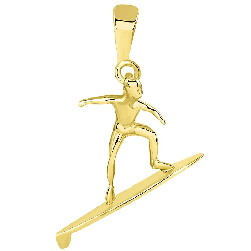 Solid 14k Yellow Gold Surfer Surfing on Surfboard Pendant