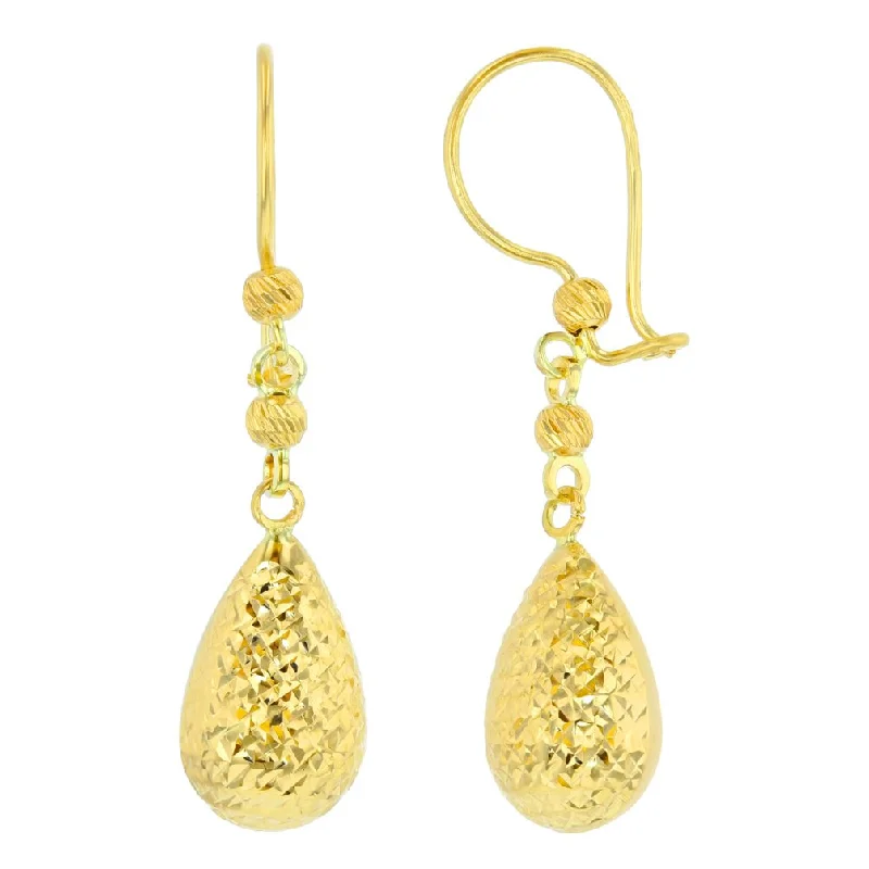 Textured 14k Yellow Gold Pear Shaped Teardrop Dangle Drop Earrings, 9mm