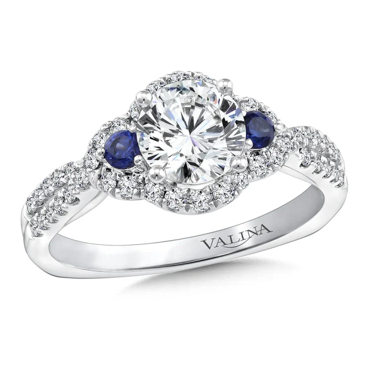 Diamond and Blue Sapphire Halo Engagement Ring