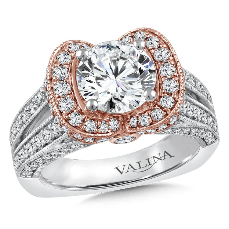 Diamond engagement ring mounting with side stones in 14k white/rose gold.