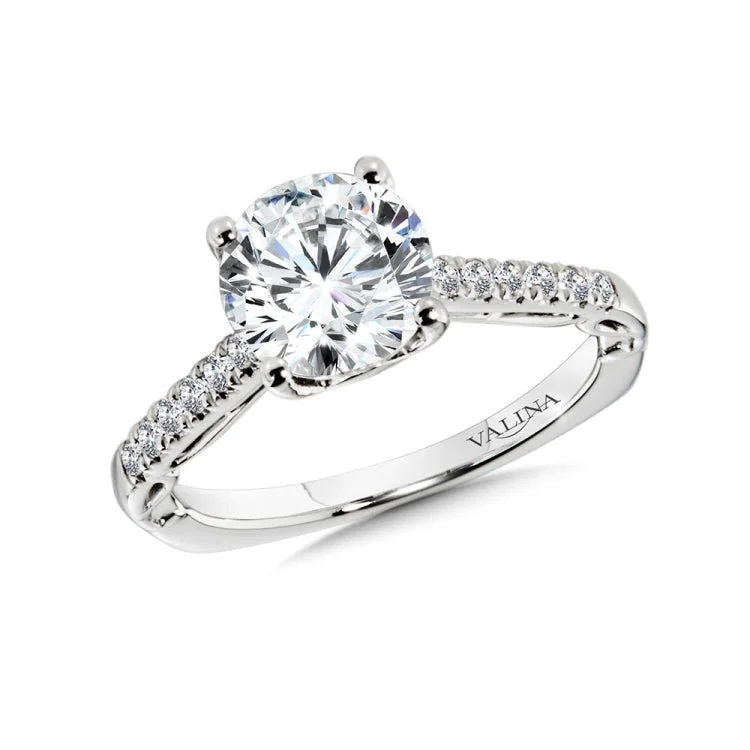 Diamond engagement ring mounting with an elegant ribbon-like profile detailing and side stones set in 14k white gold.