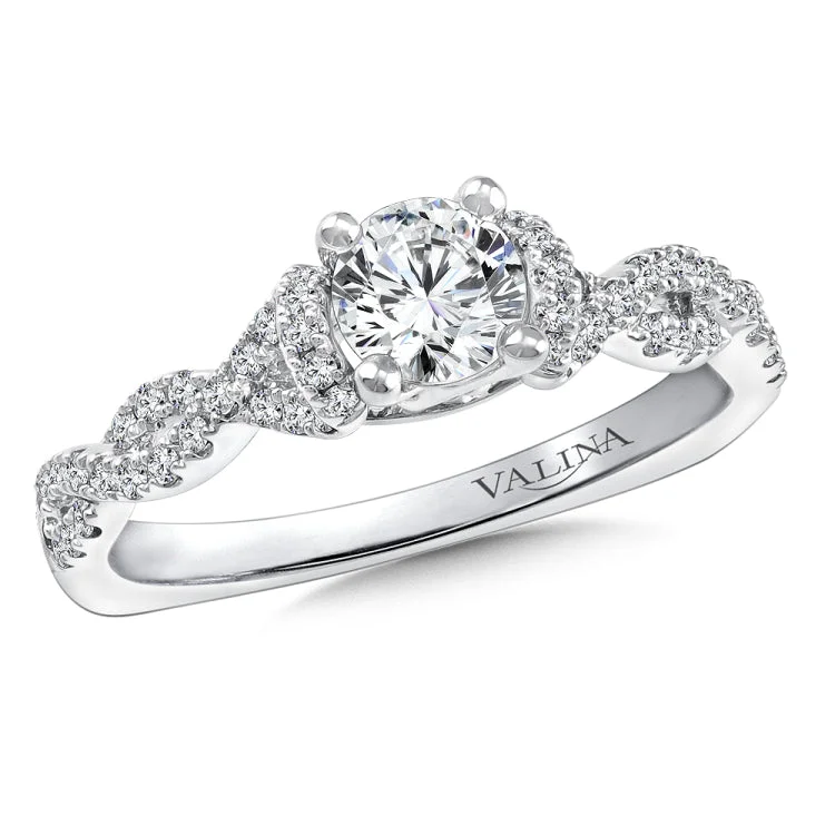 Diamond crisscross engagement ring mounting with side stones set in 14k white gold.