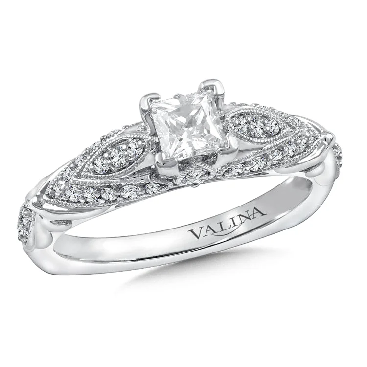 Diamond engagement ring mounting with milgrain detailing and side stones set in 14k white gold.