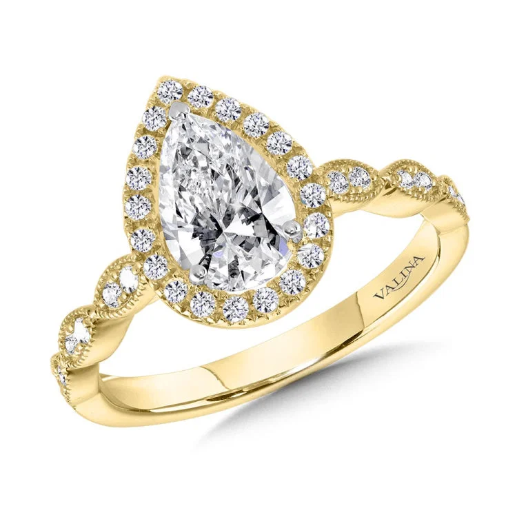 Scalloped & Milgrain-Beaded Pear-Shaped Halo Engagement Ring