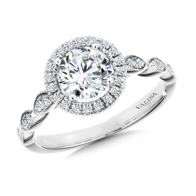 Scalloped & Milgrain-Beaded Round Halo Engagement Ring