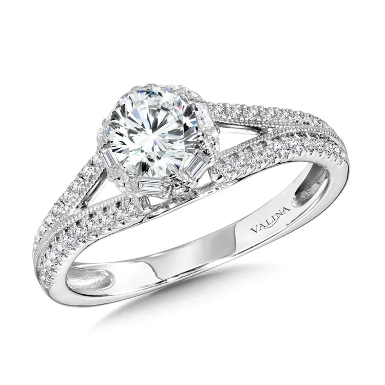 Six-Prong Milgrain-Beaded Split Shank Baguette Halo Engagement Ring