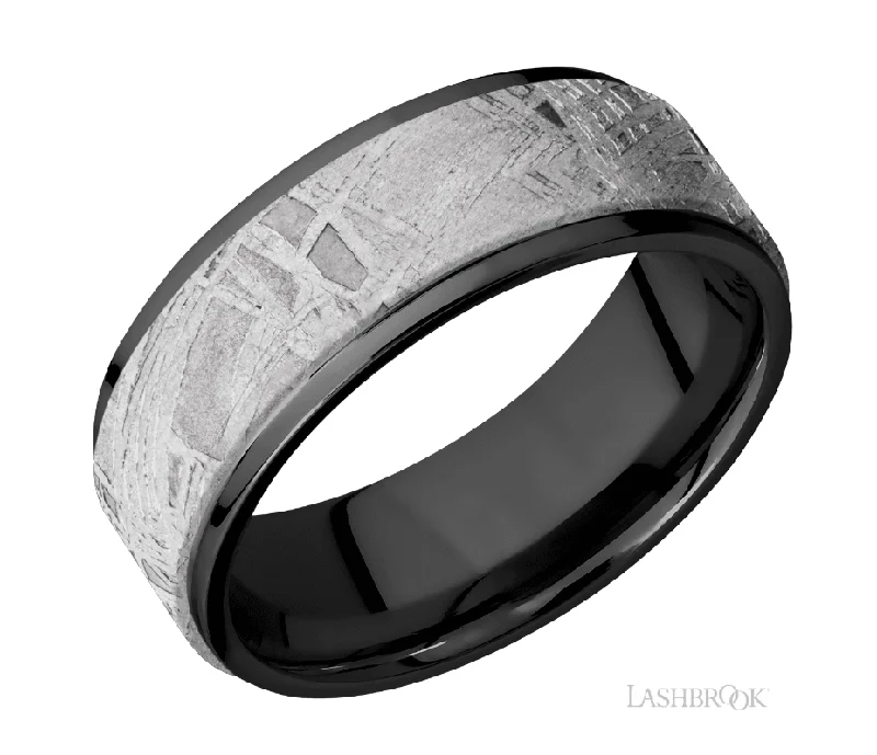 Flat Grooved Edge Zirconium & Meteorite Band