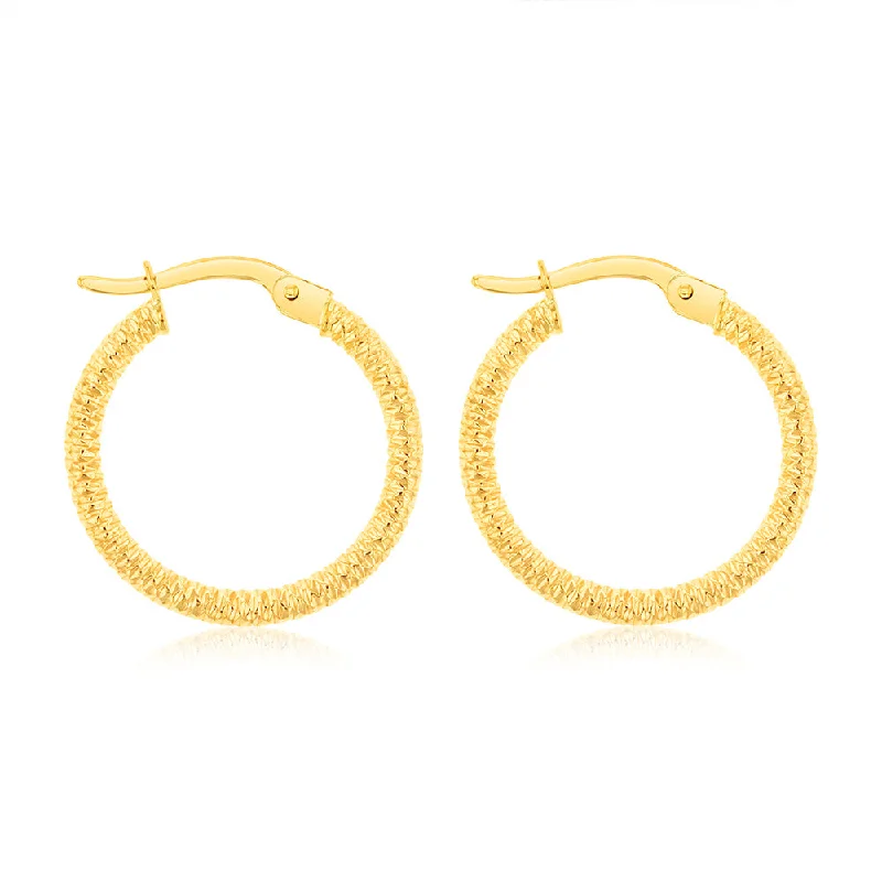 9ct Yellow Gold 15mm Textured Hoop Earrings