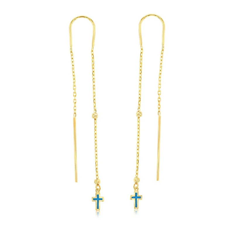 9ct Yellow Gold Blue Eanmel Cross On Threader Earrings