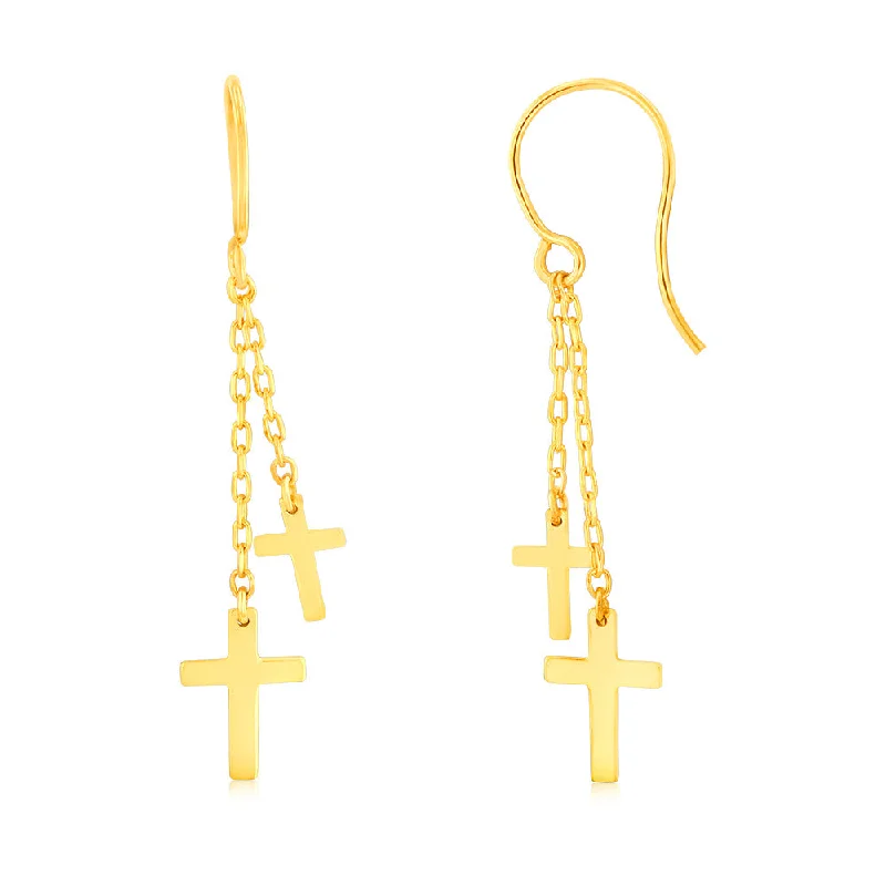 9ct Yellow Gold Double Cross On Chain Hook Earrings