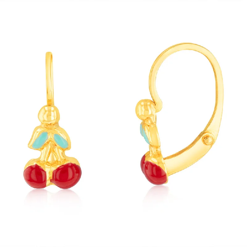 9ct Yellow Gold Enamel Pair Of Cherries Hook Earrings