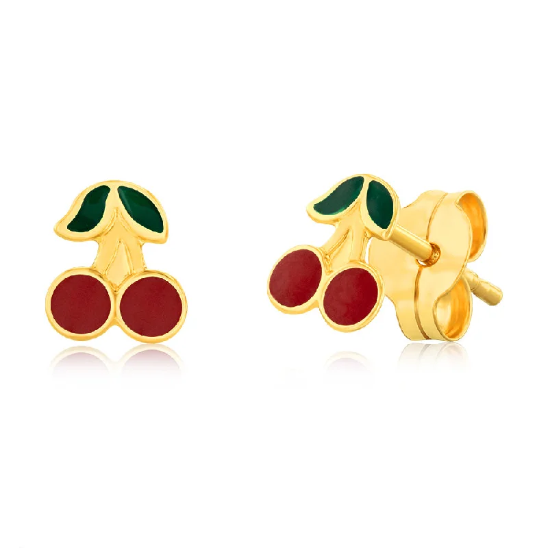 9ct Yellow Gold Enamel Pair Of Cherries Stud Earrings