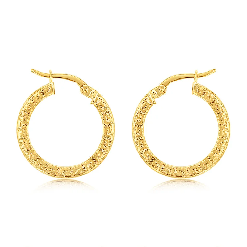 9ct Yellow Gold Greek Key 15mm Hoop Earrings