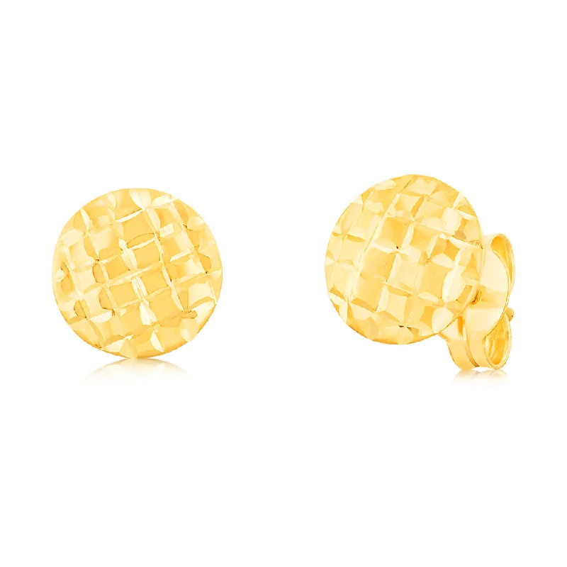 9ct Yellow Gold Patterned Round Disc Stud Earrings