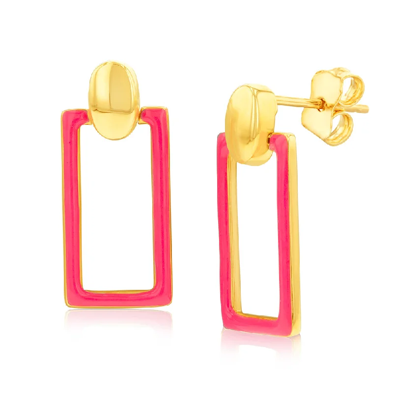 9ct Yellow Gold Pink Enamel Rectangle Drop Earrings