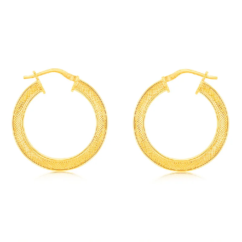 9ct Yellow Gold Silverfilled Patterned Square Tube 20mm Hoop Earrings